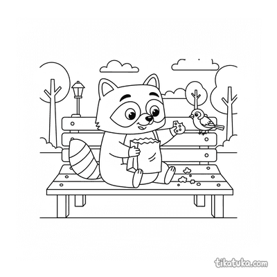 Raccoon Sharing Snack on Bench