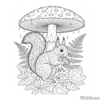 Squirrel Hiding Nut Under Mushroom