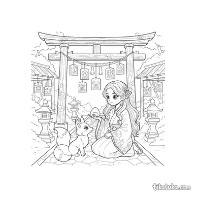 Shrine Maiden Feeding a Kitsune
