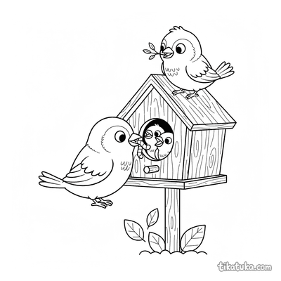 Sparrow Family in Birdhouse