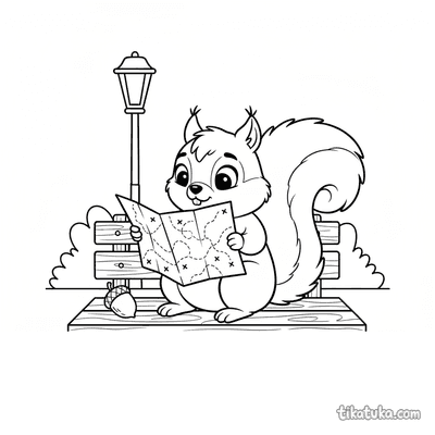 Squirrel with Map on Park Bench