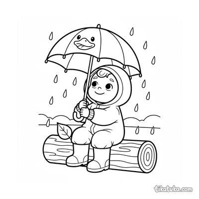 Toddler with Duck Umbrella on Log