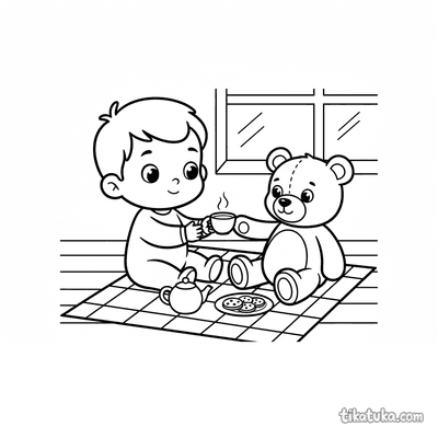 Toddler with Stuffed Bear Tea Party