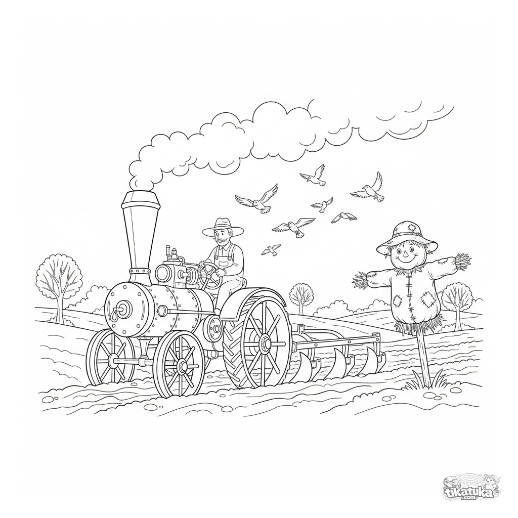 Vintage Steam Tractor Plowing Field