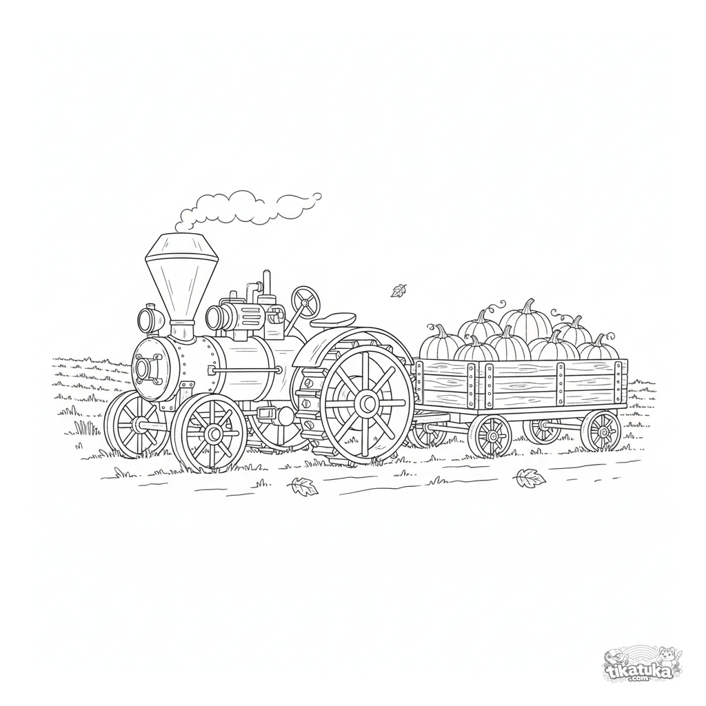 Vintage Steam Tractor with a Trailer Full of Pumpkins