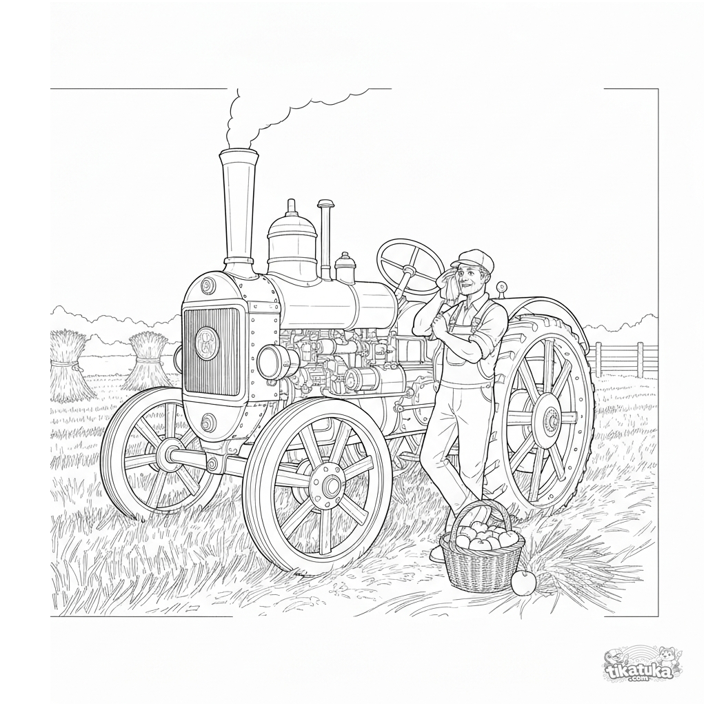 Vintage Steam Tractor with Farmer in Field