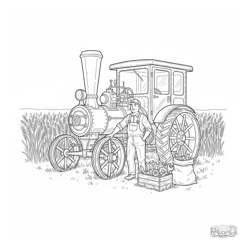 Vintage Steam Tractor in Wheat Field