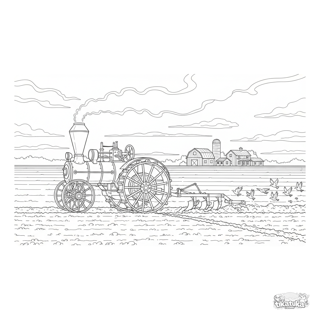 Vintage Steam Tractor Plowing a Field