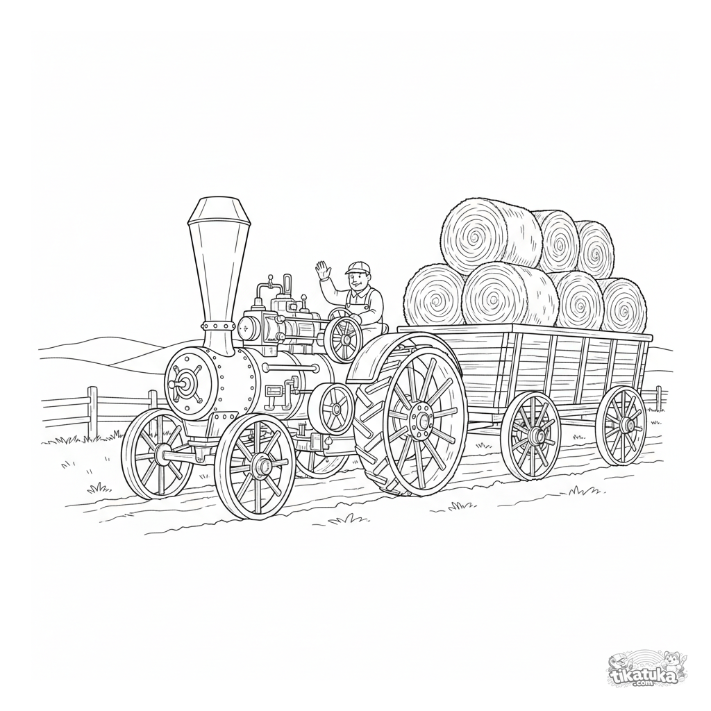 Vintage Steam Tractor Pulling a Hay Wagon