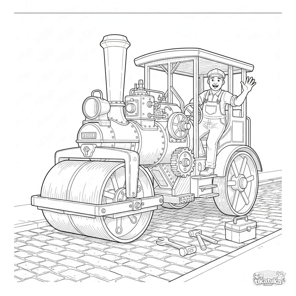 Vintage Steamroller on Cobblestone Street