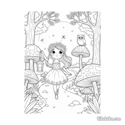 Girl with Lantern in Mushroom Forest