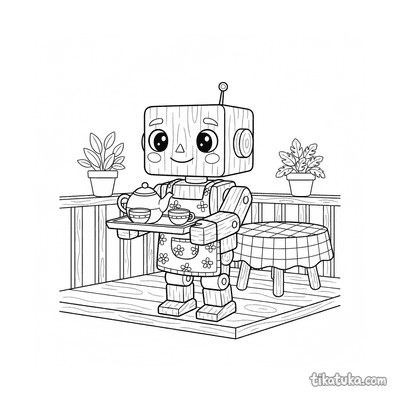 Wooden Robot Serving Tea on Veranda