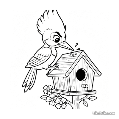 Woodpecker Tapping on Birdhouse Roof