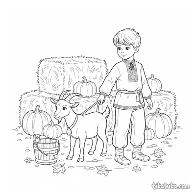 Boy in Folk Costume Leading a Goat